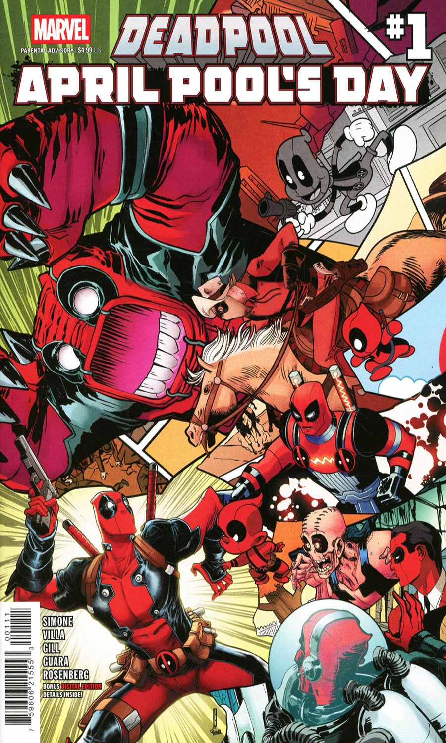 Comic book cover featuring Deadpool with various poses and elements.