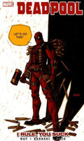 Deadpool character with weapons and a speech bubble saying 'Let's do this!' on a comic book style background.