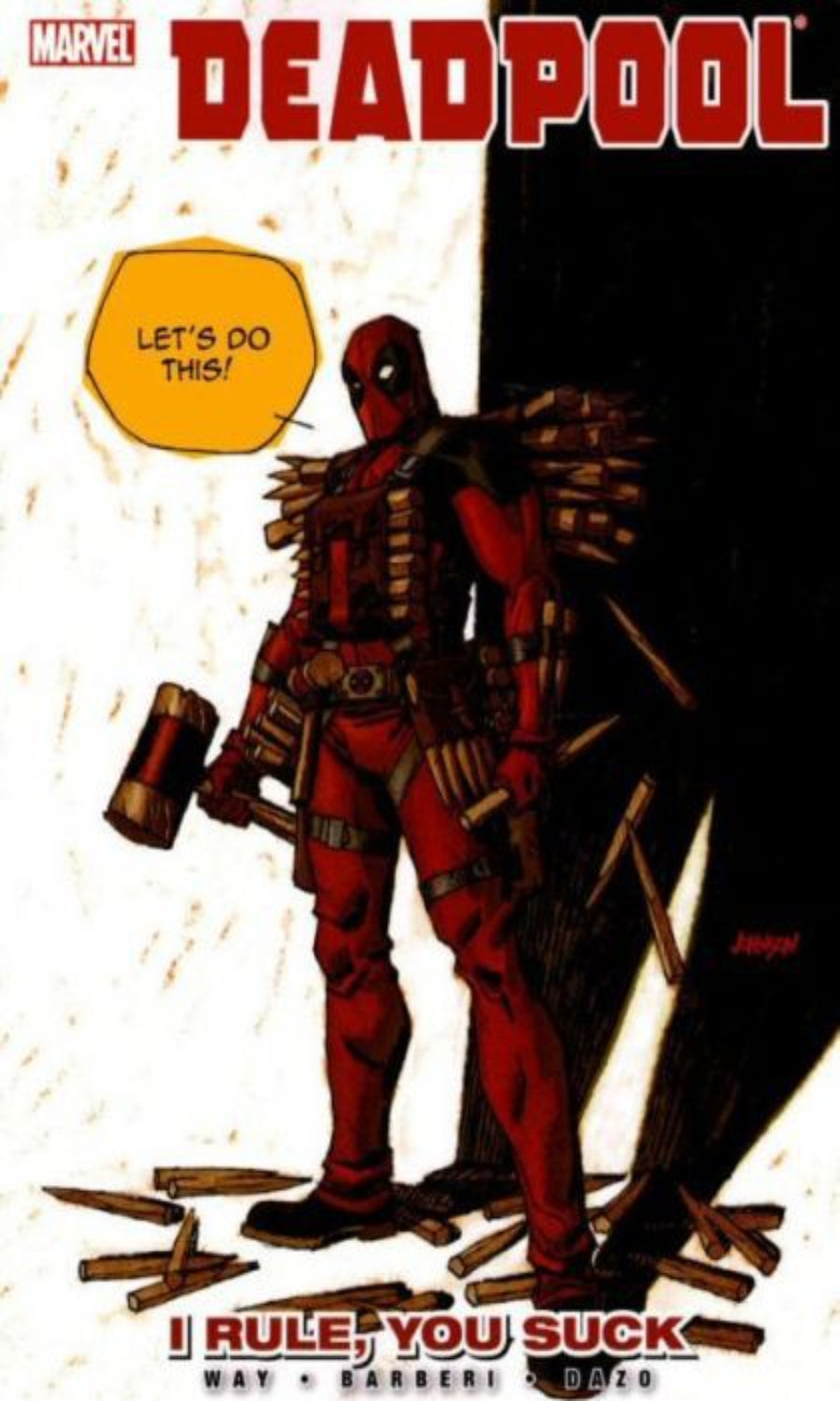 Deadpool character with weapons and a speech bubble saying 'Let's do this!' on a comic book style background.