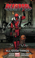 Comic book cover featuring Deadpool in an industrial setting with text and Marvel branding.