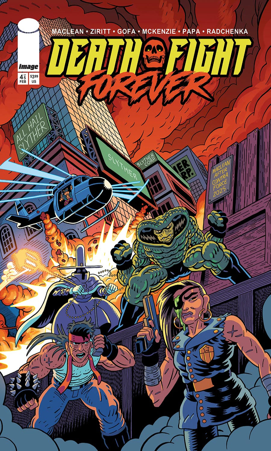 Comic book cover titled 'Death Fight Forever' with characters in a cityscape.
