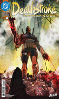 Comic book cover featuring Deathstroke with a weapon, DC logo visible