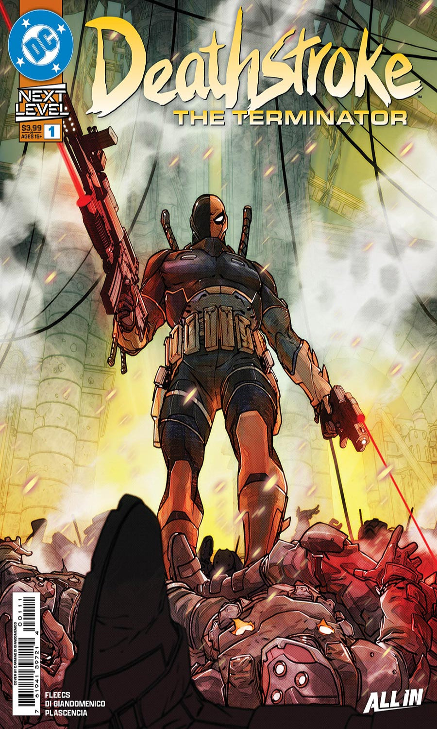 Comic book cover featuring Deathstroke with a weapon, DC logo visible