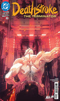 Comic book cover featuring a muscular figure with 'Deathstroke: The Terminator' title