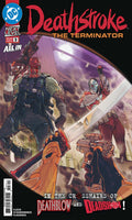 Comic book cover featuring two characters with weapons, titled 'Deathstroke: The Terminator'.