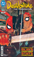 Comic book cover featuring Deathstroke and Deadpool with a knife, DC Comics logo visible