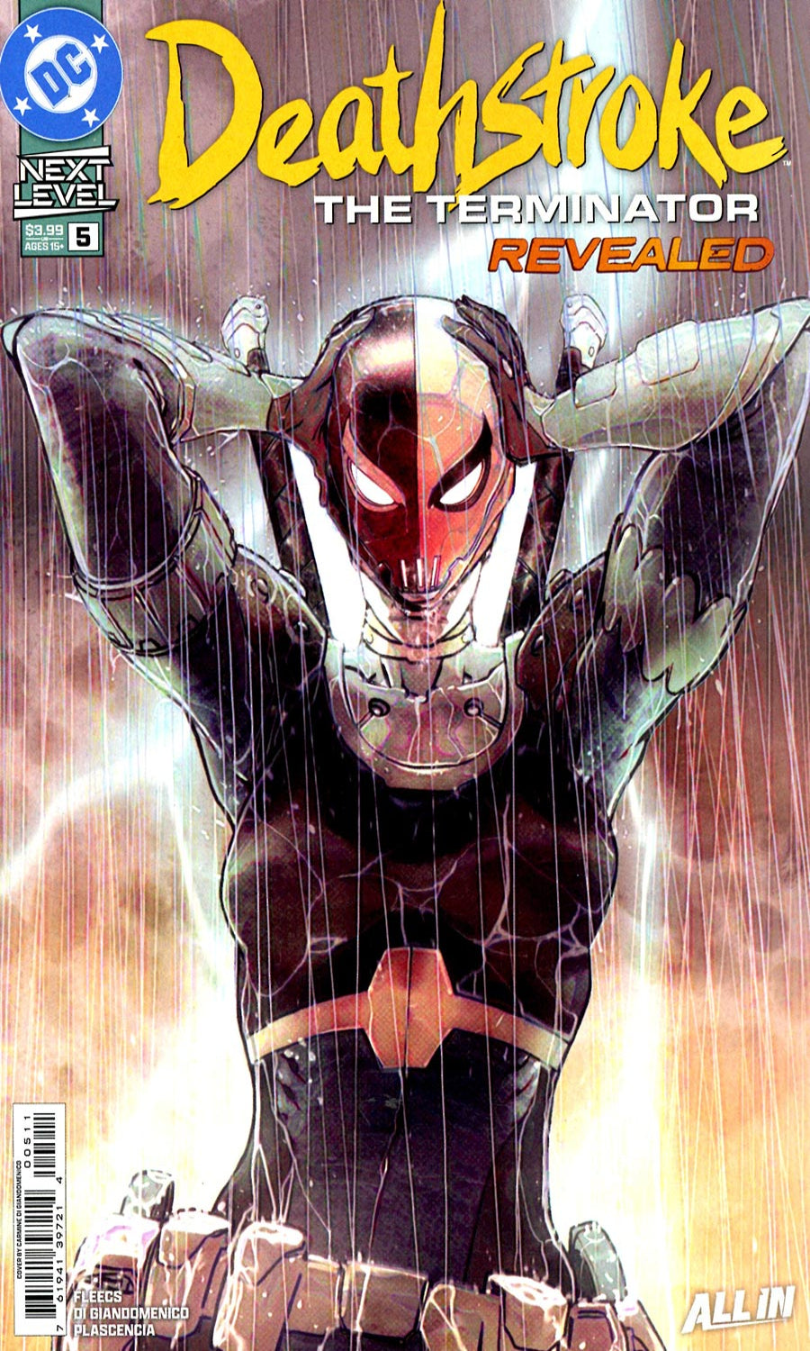 Comic book cover for Deathstroke: The Terminator Revealed #5, featuring the DC logo in the top left and a large illustrated Deathstroke figure in a dark suit with a red mask, set against a dramatic fiery background.