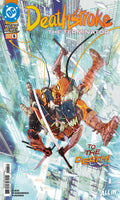 Comic book cover for Deathstroke: The Terminator Issue 6, featuring a dynamic illustrated action scene with a robot/soldier character in orange and black armor flying through a futuristic city. Visible branding includes DC and Next Level Comics.