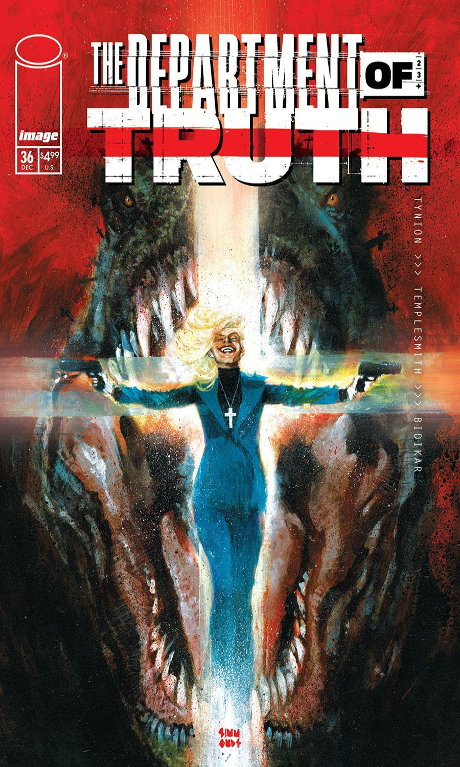 Comic book cover of 'The Department of Truth' with a woman in a blue dress holding guns.