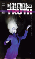 Comic book cover titled 'The Department of Truth' with a character in a purple outfit against a dark background.
