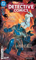 Comic book cover of Detective Comics featuring Batman and a character in a fiery background.