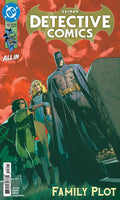 Comic book cover of Detective Comics featuring Batman and two other characters with a red and green color scheme.