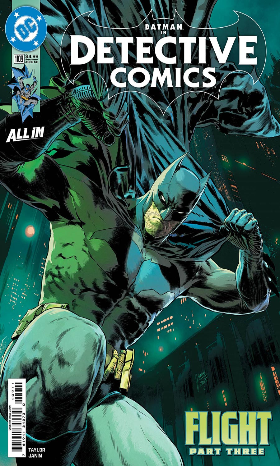 Comic book cover of Detective Comics featuring Batman in action