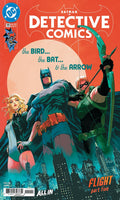 Comic book cover of Detective Comics featuring Batman and Green Arrow with a cityscape background.