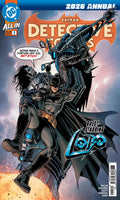 Front cover of the 2026 Annual Detective Comics issue 1, featuring Batman and Robin in a dramatic action scene with lightning and a large DC logo at the top left.