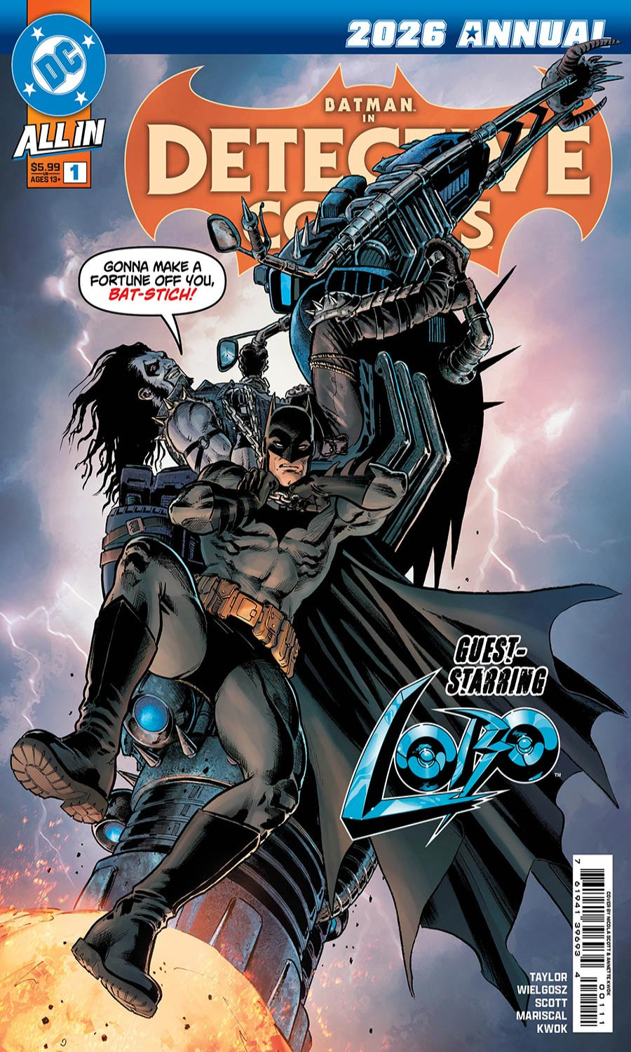 Front cover of the 2026 Annual Detective Comics issue 1, featuring Batman and Robin in a dramatic action scene with lightning and a large DC logo at the top left.
