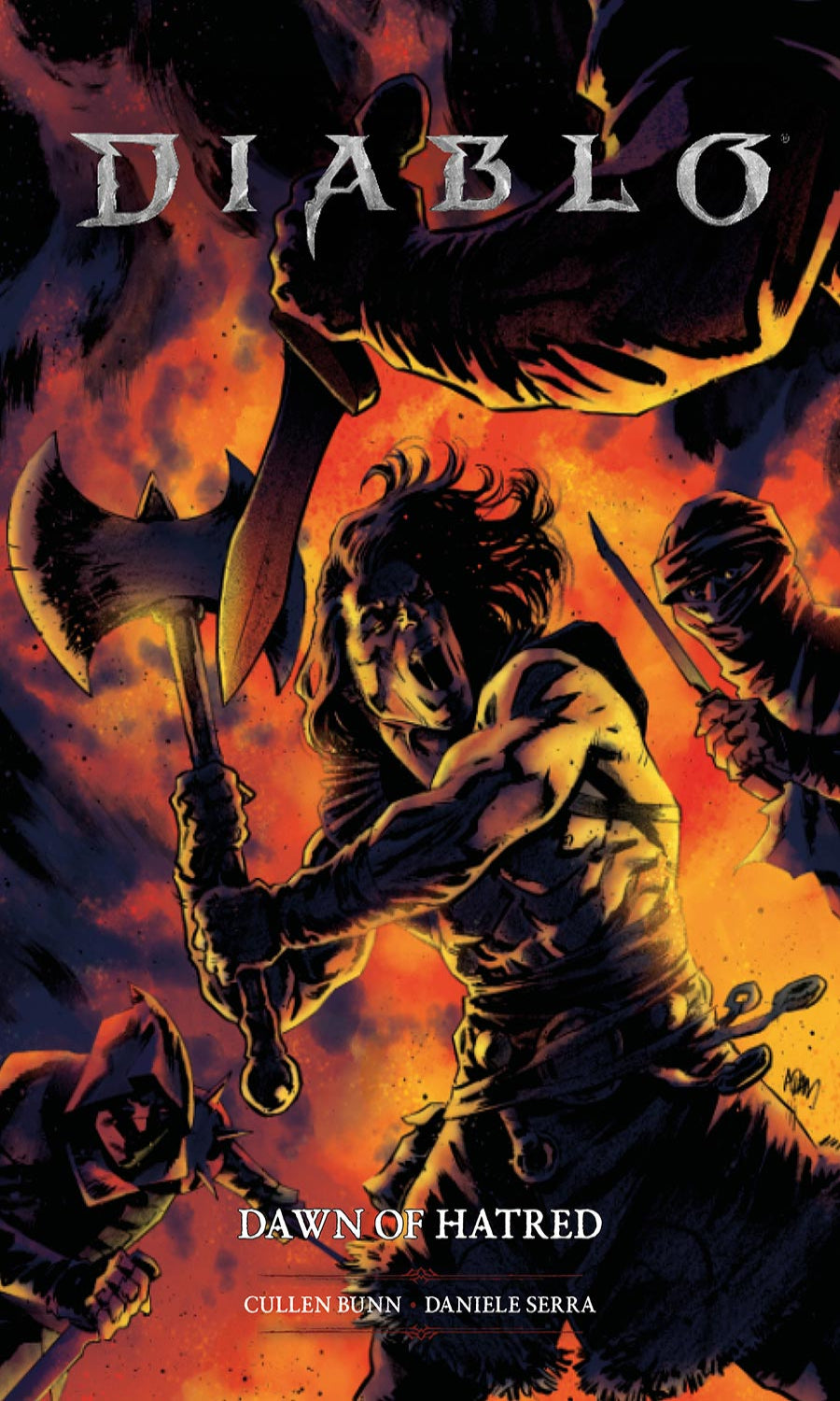 Comic book cover titled 'Diablo: Dawn of Hatred' featuring a warrior with an axe against a fiery background.