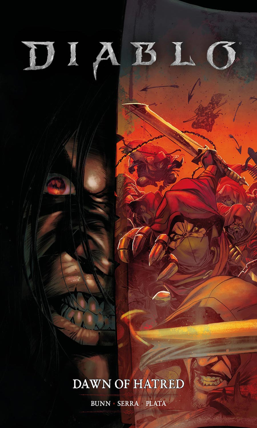 Cover of 'Diablo: Dawn of Hatred' graphic novel with a dark and fiery design.
