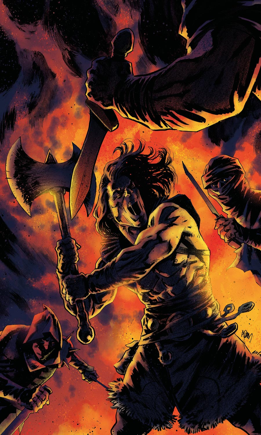 Illustration of a warrior with an axe against a fiery background