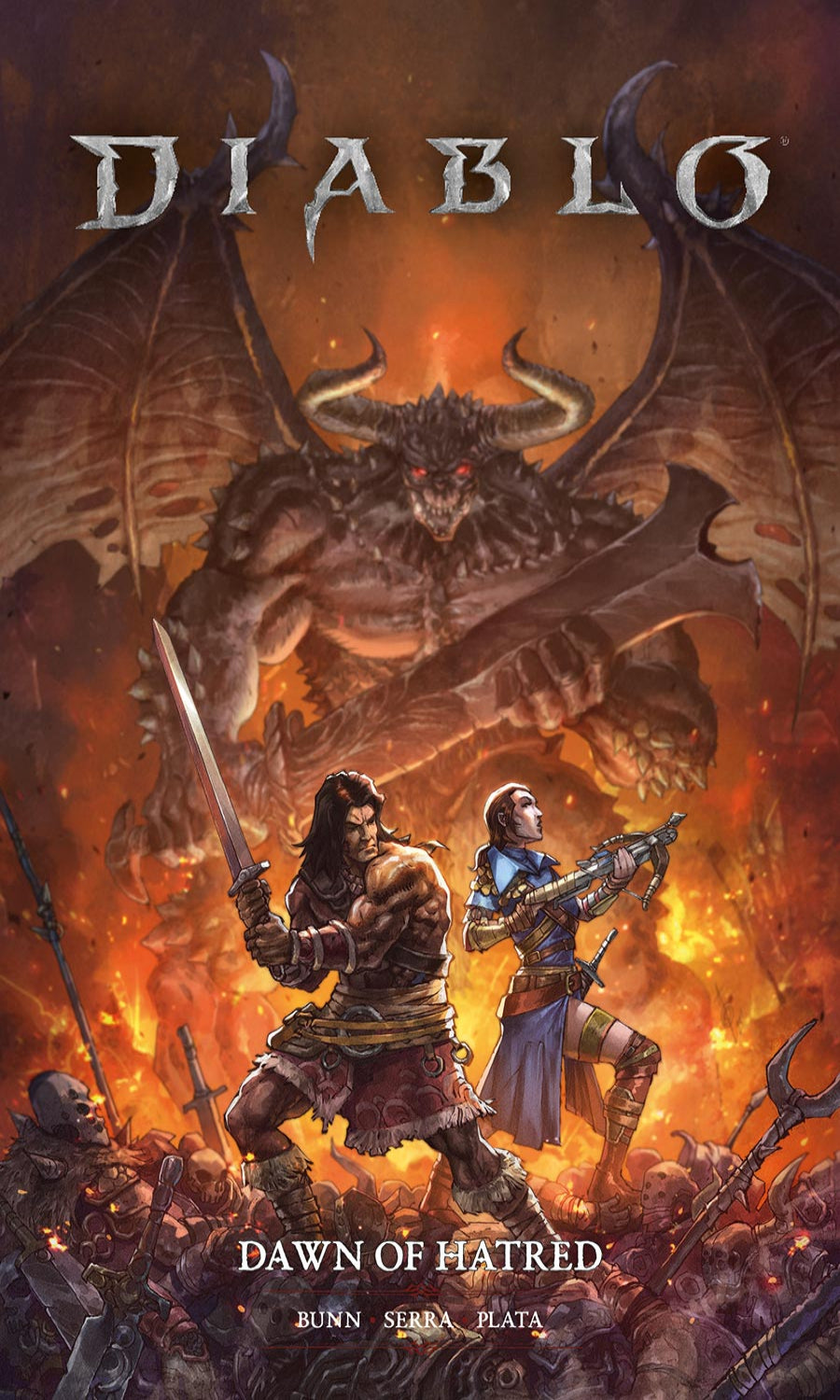 Cover of 'Diablo: Dawn of Hatred' with characters and a dragon in a fiery background
