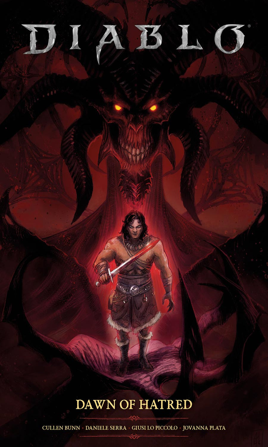Cover of 'Diablo: Dawn of Hatred' with a warrior and demon in a dark red color scheme.
