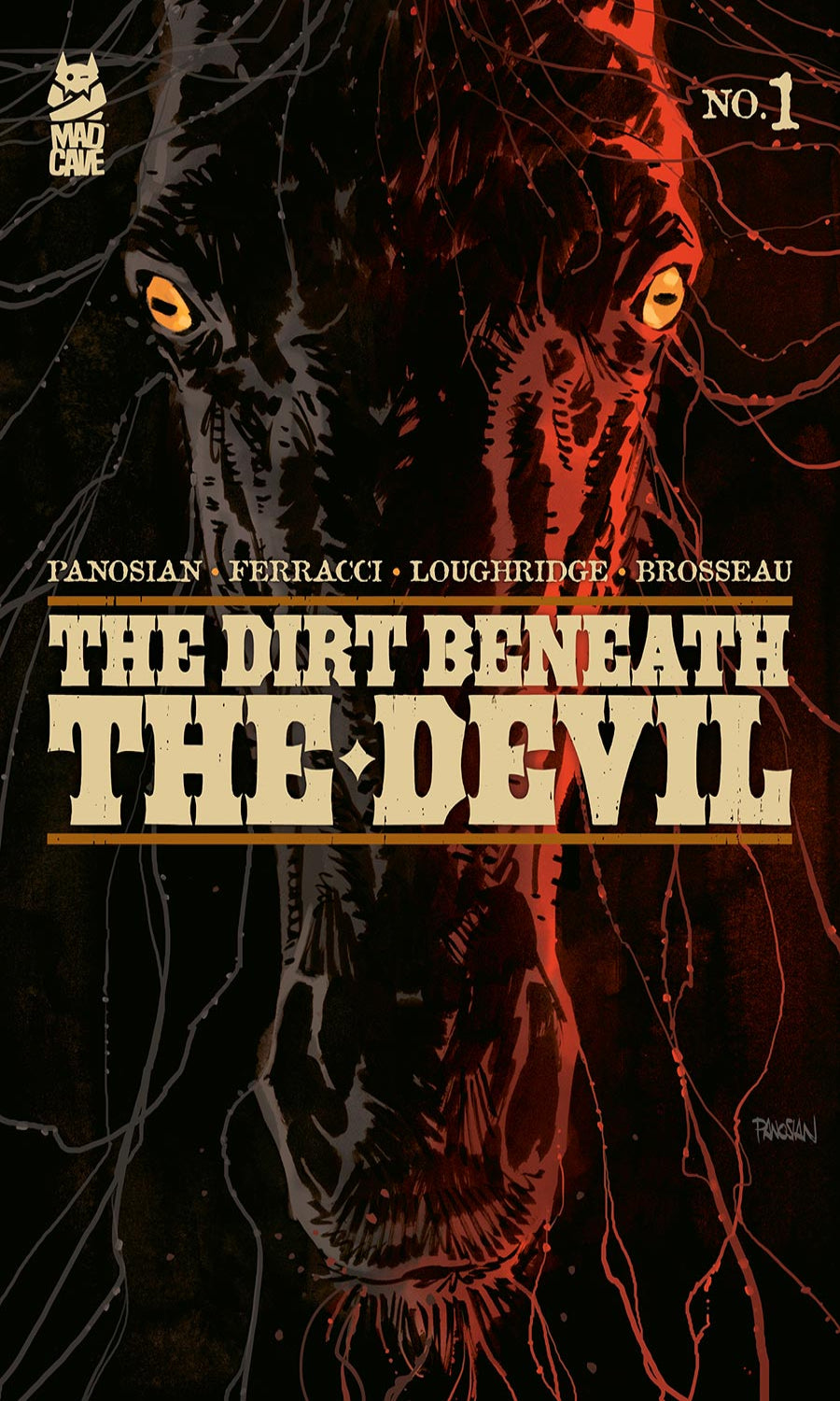Comic book cover for 'The Dirt Beneath the Devil' No. 1, featuring a split illustration of a demonic face in black and red with glowing yellow eyes on a dark background.