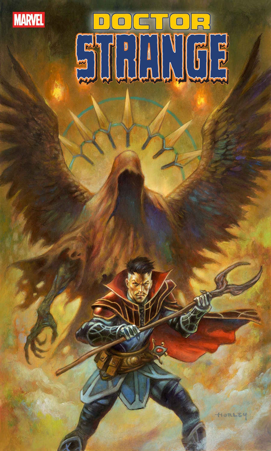 Comic book cover featuring Doctor Strange with wings and a staff, Marvel logo visible
