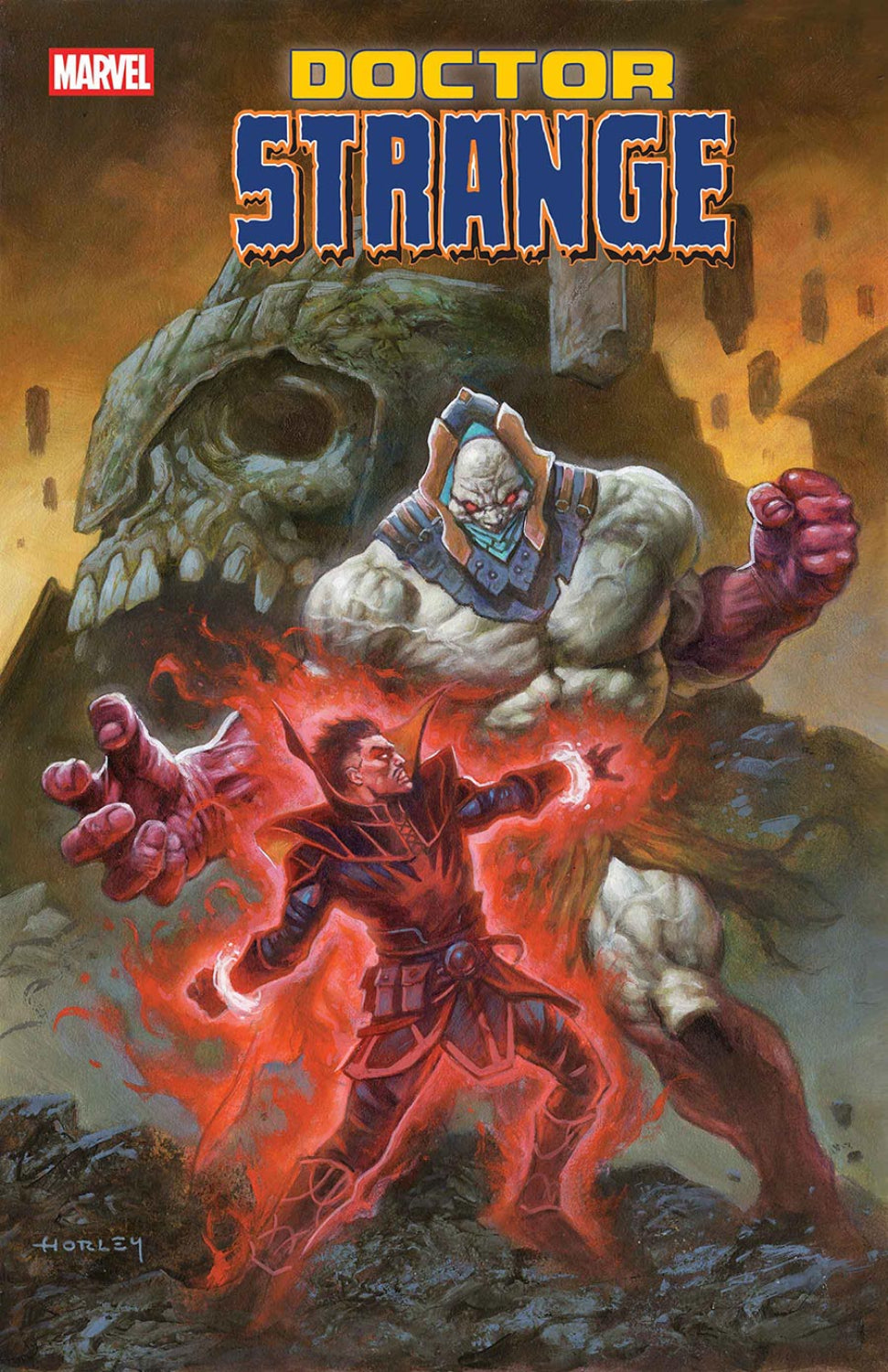 Comic book cover featuring Doctor Strange and a creature with a fiery background