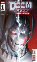 Comic book cover featuring a character with red eyes and a helmet, with 'Marvel' logo and 'Doom 2099' title.