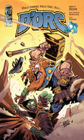 Comic book cover featuring a dwarf and orc battle with a hammer and shield.