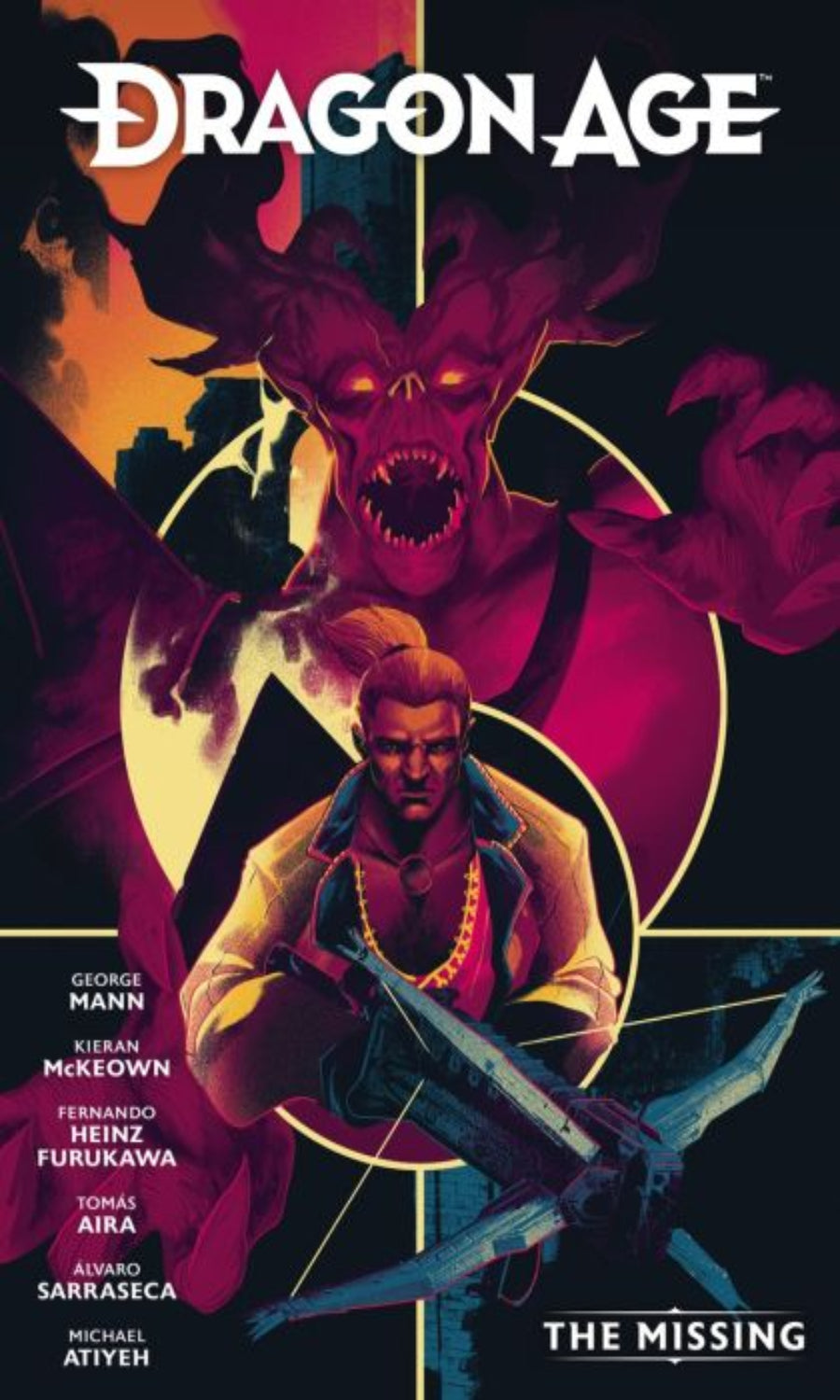 Dragon Age comic book cover with a character and creature against a dark background