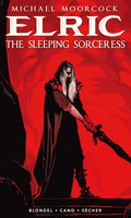 Book cover of 'Elric: The Sleeping Sorceress' with a character holding a sword against a red background.