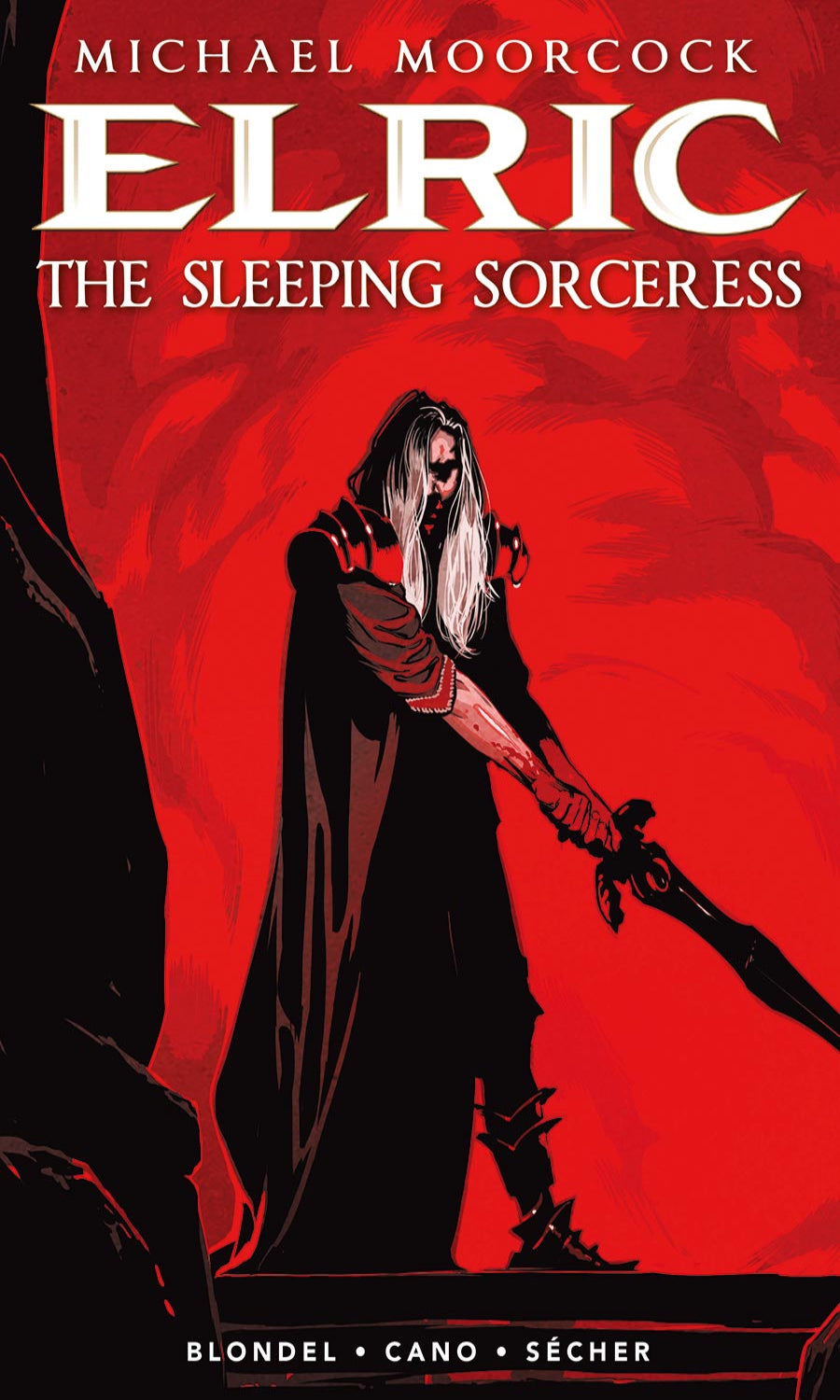 Book cover of 'Elric: The Sleeping Sorceress' with a character holding a sword against a red background.