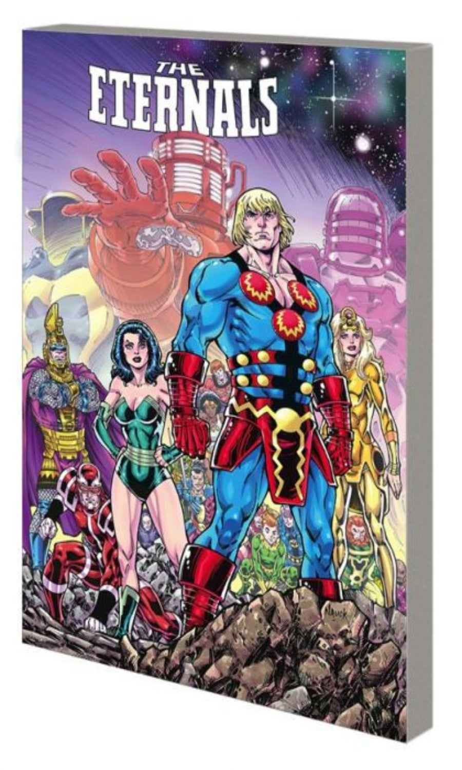 Comic book cover featuring characters from 'The Eternals' with a cosmic background.