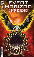 Comic book cover titled 'Event Horizon Inferno' with a fiery design and central figure.