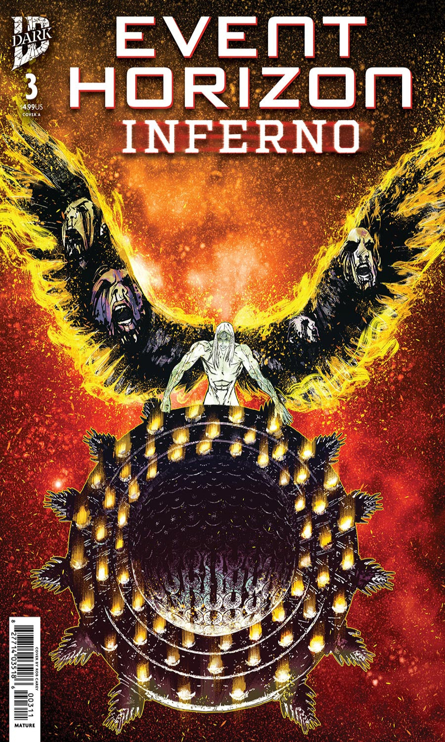 Comic book cover titled 'Event Horizon Inferno' with a fiery design and central figure.