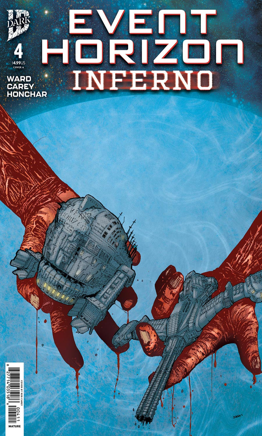 Comic book cover titled 'Event Horizon Inferno' with a spaceship and hands in red gloves on a blue background.