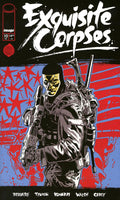 Comic book cover of 'Exquisite Corpses' with a character holding guns on a red and blue background.