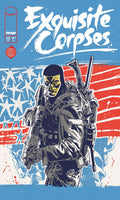 Comic book cover of 'Exquisite Corpses' with a character holding weapons against a stylized background.