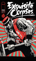 Comic book cover of 'Exquisite Corpses' with a skeleton holding a cane against a striped background.