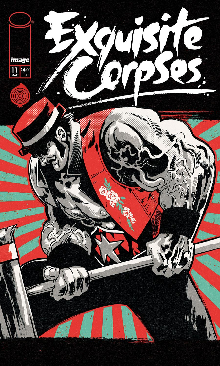 Comic book cover of 'Exquisite Corpses' with a skeleton holding a cane against a striped background.