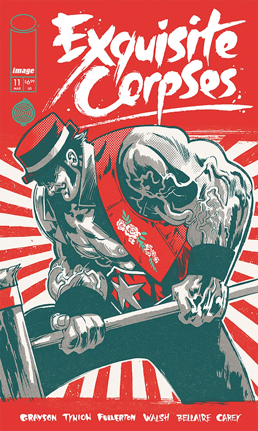 Comic book cover of 'Exquisite Corpses' with a stylized illustration of a character holding a sword.
