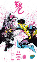 Comic book cover with two characters in a dynamic pose on a pink and black splatter background.