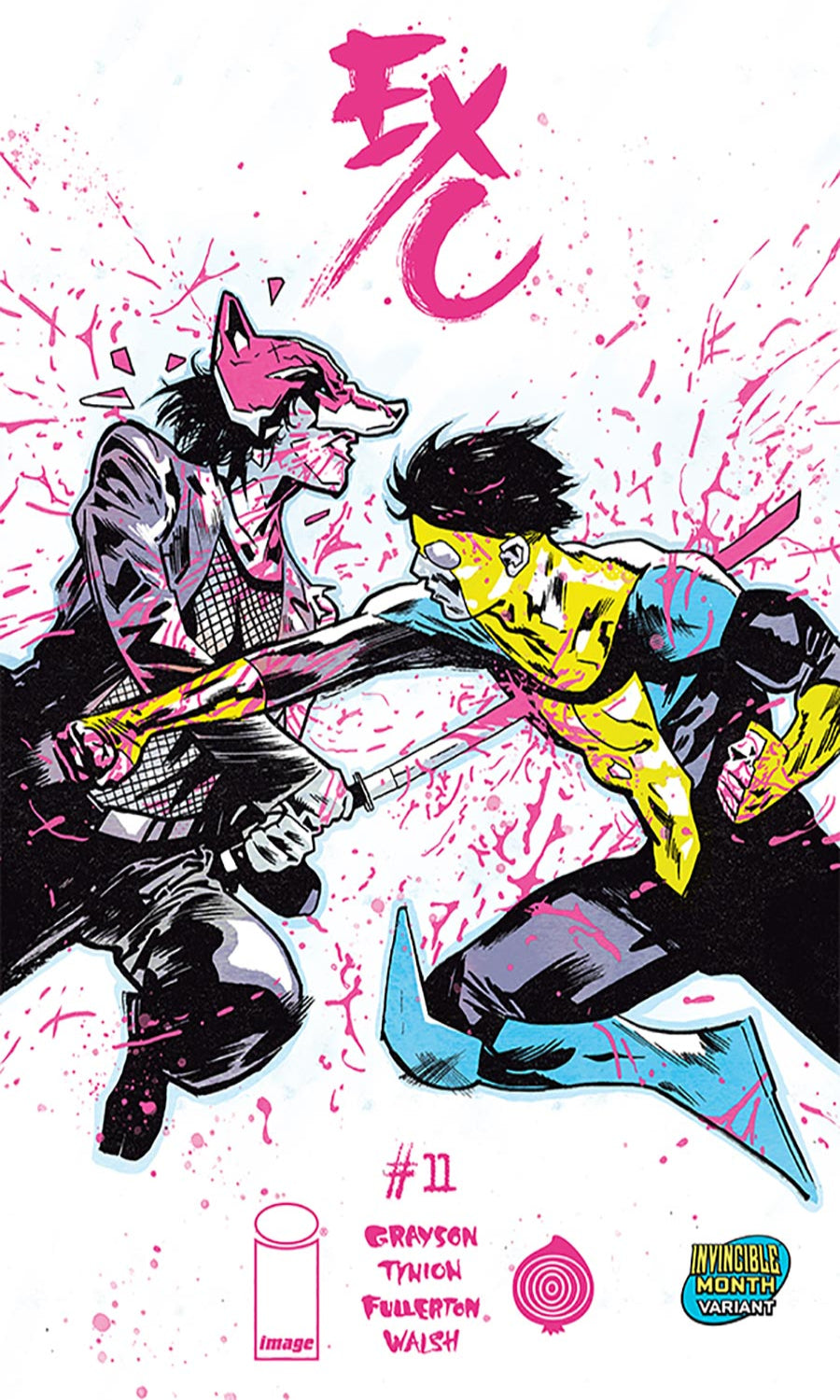 Comic book cover with two characters in a dynamic pose on a pink and black splatter background.