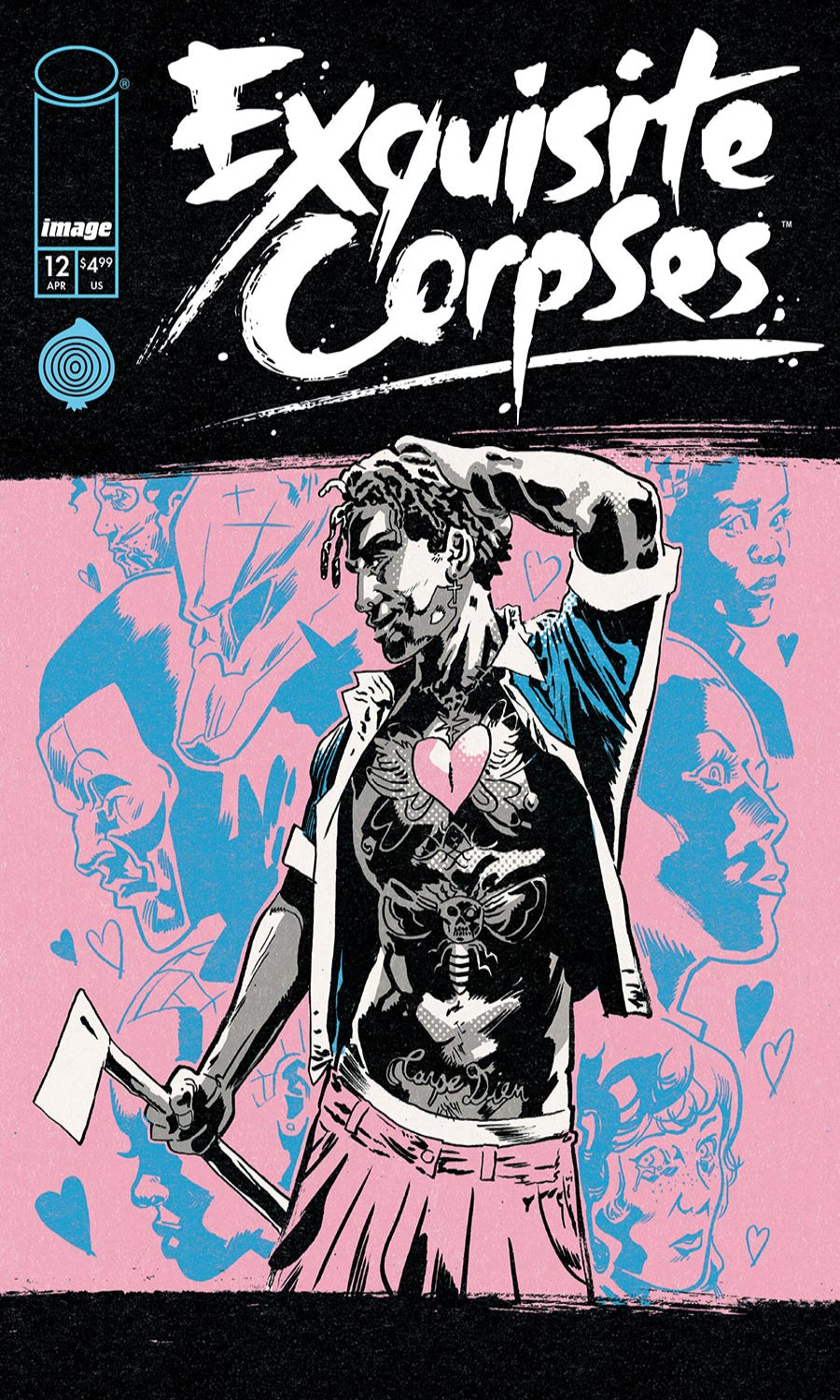 Comic book cover of 'Exquisite Corpses' with a character holding an axe and a heart symbol on a pink and blue background.