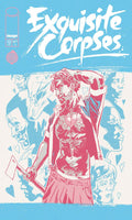 Comic book cover of 'Exquisite Corpses' with a stylized illustration of a person in a coffin.