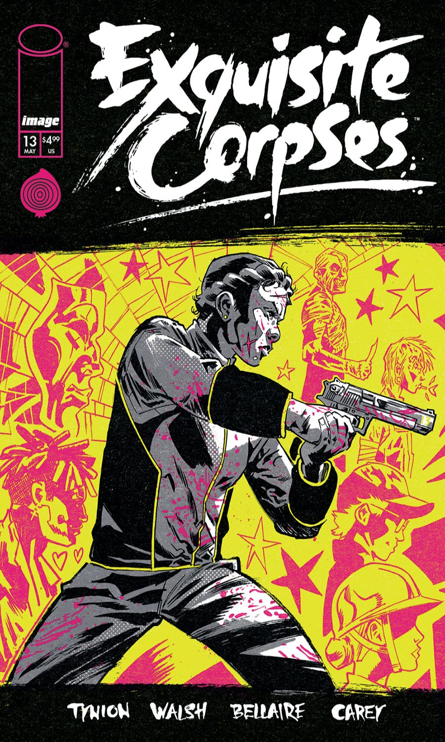 Comic book cover of 'Exquisite Corpses' with a character holding a gun against a colorful background.