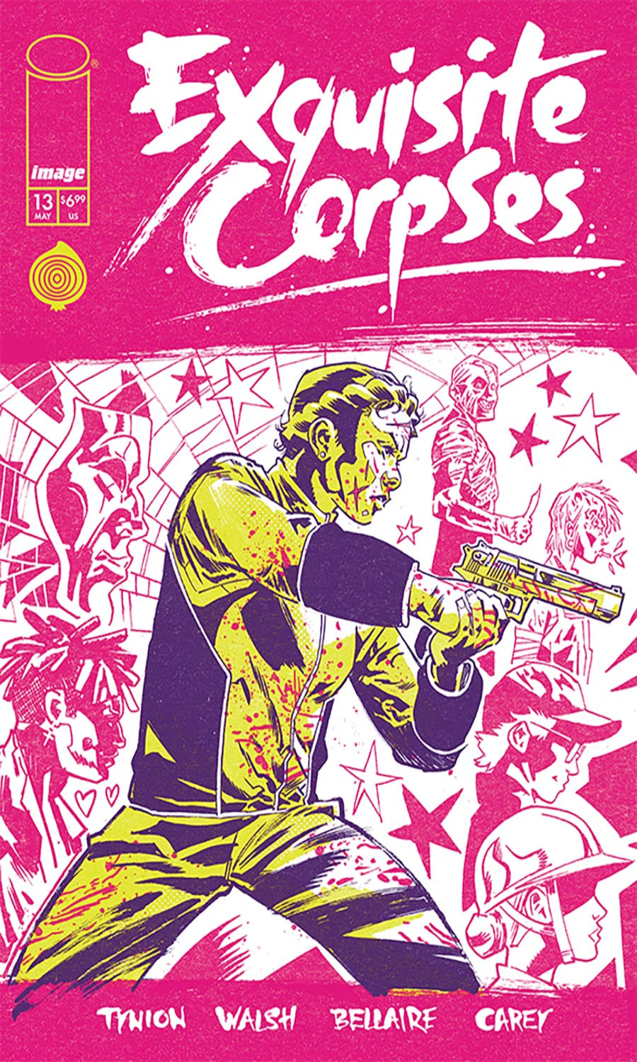 Comic book cover of 'Exquisite Corpses' with a stylized illustration on a pink background.