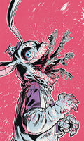 Illustration of a creature with rabbit ears and human-like body on a pink background