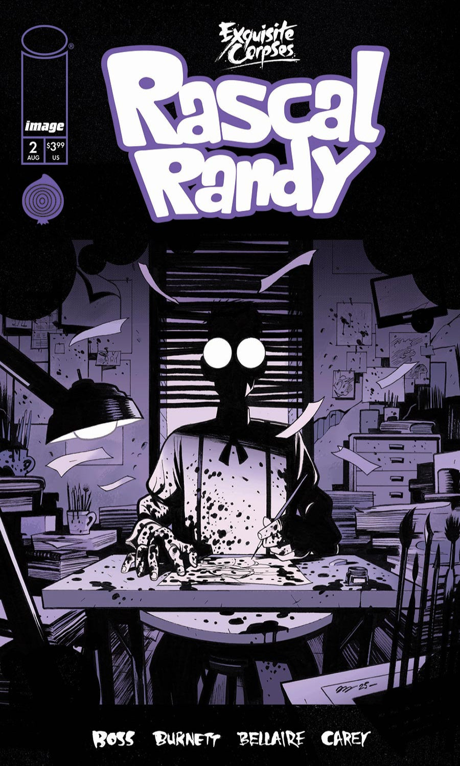 Comic book cover for Exquisite Corpses' Rascal Randy #2, featuring a stylized black-and-purple illustration of a person sitting at a desk in a messy room, with large title text at the top and creator names at the bottom.